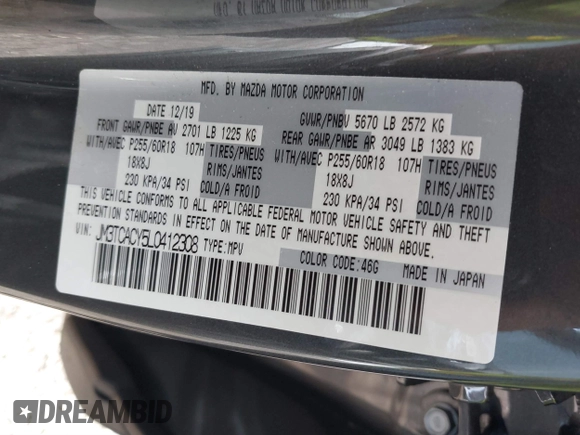 2020 Mazda CX-9 Touring z VIN JM3TCACY5L0412308, wystawiony jako IAAI lot #41208401 z przebiegiem 37 029 mil mil oraz . Historia ofert i sprzedaży dostępna na DreamBid. Obrazek 9.