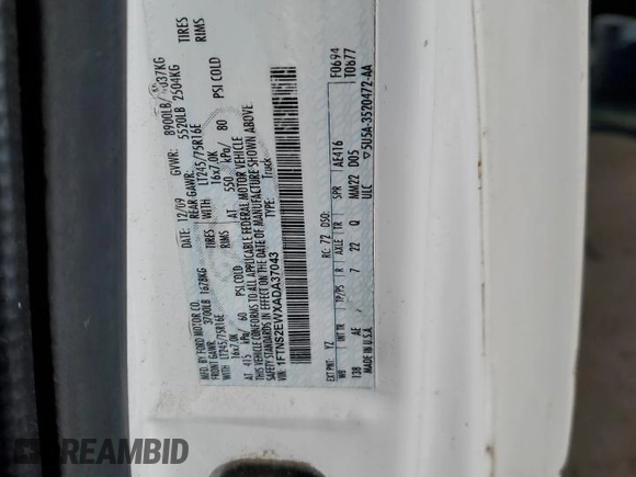2010 Ford Econoline Cargo Commercial with VIN 1FTNS2EWXADA37043, listed as a Copart auction lot 80500884 with 222,181 mi miles and Salvage Title. Bid and sale history available at carsss.com. Image 13.