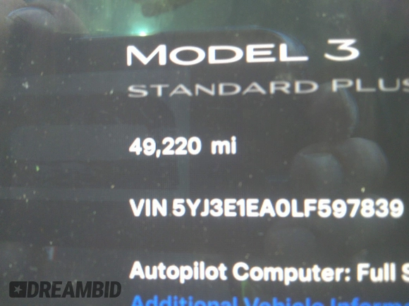 2020 Tesla Model 3 Standard Range Plus with VIN 5YJ3E1EA0LF597839, listed as a IAAI auction lot 41639219 with 49,220 mi miles. Bid and sale history available at carsss.com. Image 16.