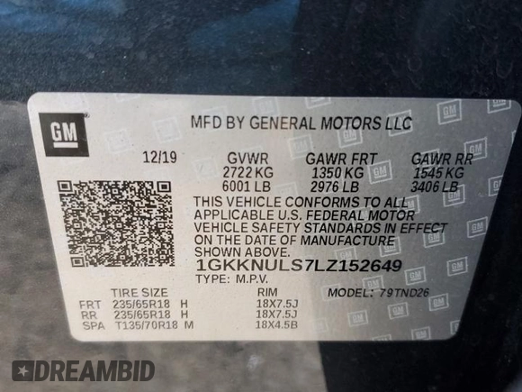 2020 GMC Acadia SLT with VIN 1GKKNULS7LZ152649, listed as a Copart auction lot 88875945 with 44,099 mi miles and Salvage Title. Bid and sale history available at DreamBid. Image 13.