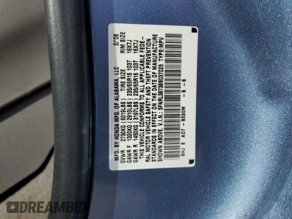 2008 Honda Odyssey EX-L z VIN 5FNRL38738B037025, wystawiony jako Copart lot #53354455 z przebiegiem 161 291 mil mil oraz Szkoda całkowita • Salvage title. Historia ofert i sprzedaży dostępna na DreamBid. Obrazek 13.