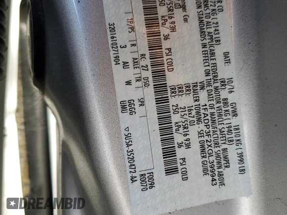 2016 Ford Focus SE z VIN 1FADP3F2XGL399943, wystawiony jako Copart lot #46472415 z przebiegiem 70 047 mil mil oraz Szkoda całkowita • Salvage title. Historia ofert i sprzedaży dostępna na DreamBid. Obrazek 14.