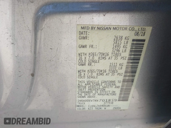 2019 Nissan Frontier SV with VIN 1N6AD0EV7KN701859, listed as a IAAI auction lot 42047454 with 182,922 mi miles and . Bid and sale history available at DreamBid. Image 9.