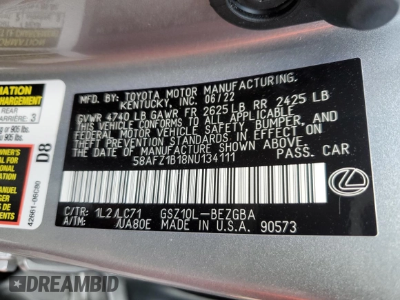 2022 Lexus ES with VIN 58AFZ1B18NU134111, listed as a Copart auction lot 83103114 with 9,439 mi miles and Salvage Title. Bid and sale history available at carsss.com. Image 14.