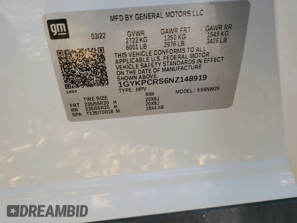 2022 Cadillac XT6 Premium Luxury with VIN 1GYKPCRS6NZ148919, listed as a Copart auction lot 81642934 with 36,015 mi miles and Salvage title. Bid and sale history available at DreamBid. Image 13.