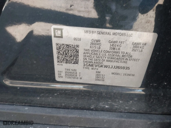 2018 Chevrolet Traverse LT Cloth with VIN 1GNEVGKW1JJ265935, listed as a IAAI auction lot 41425361 with 70,397 mi miles. Bid and sale history available at carsss.com. Image 9.