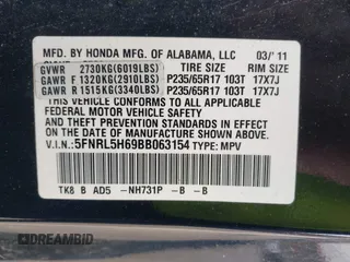 2011 Honda Odyssey EX-L с VIN 5FNRL5H69BB063154, выставлен на аукционе IAAI как лот 42531187 с пробегом 222 983 миль миль и . История ставок и продаж доступна на DreamBid. Изображение 9.