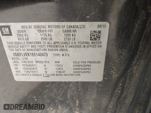 2014 GMC Terrain SLE with VIN 2GKFLVEK1E6140473, listed as a IAAI auction lot 41550314 with 143,728 mi miles. Bid and sale history available at carsss.com. Image 9.