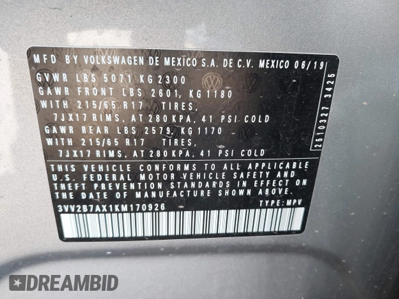 2019 Volkswagen Tiguan SE with VIN 3VV2B7AX1KM170926, listed as a IAAI auction lot 41953801 with 54,361 mi miles and . Bid and sale history available at DreamBid. Image 9.