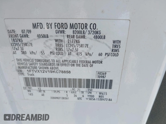 2009 Ford F-150 z VIN 1FTVX12V19KC78858, wystawiony jako IAAI lot #42031118 z przebiegiem 125 945 mil mil oraz . Historia ofert i sprzedaży dostępna na DreamBid. Obrazek 9.