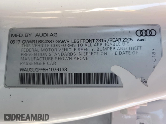 2017 Audi A3 Sedan Premium Plus with VIN WAUGUGFF8H1076138, listed as a Copart auction lot 86173614 with 112,733 mi miles and Salvage Title. Bid and sale history available at carsss.com. Image 14.