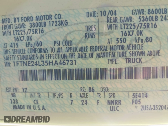 2005 Ford Econoline Cargo with VIN 1FTNE24L35HA46731, listed as a IAAI auction lot 41543863 with 179,541 mi miles. Bid and sale history available at carsss.com. Image 9.