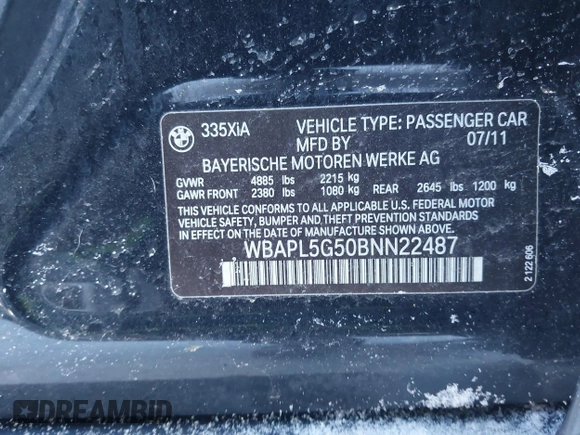 2011 BMW 3 Series 335i xDrive with VIN WBAPL5G50BNN22487, listed as a IAAI auction lot 41260533 with 123,587 mi miles and . Bid and sale history available at DreamBid. Image 9.