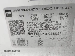 2023 Chevrolet Silverado 1500 Custom with VIN 3GCPDBEK3PG358157, listed as a IAAI auction lot 41748227 with 38,139 mi miles and . Bid and sale history available at DreamBid. Image 9.