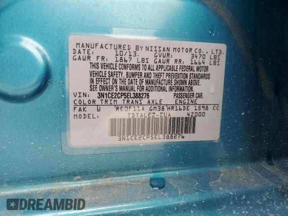 2014 Nissan Note S Plus with VIN 3N1CE2CP5EL388276, listed as a Copart auction lot 58874245 with 41,357 mi miles and Salvage title. Bid and sale history available at DreamBid. Image 12.