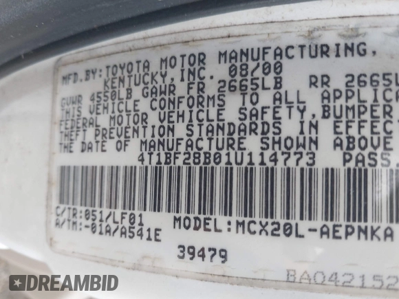 2001 Toyota Avalon XL z VIN 4T1BF28B01U114773, wystawiony jako IAAI lot #42506167 z przebiegiem 155 540 mil mil oraz . Historia ofert i sprzedaży dostępna na DreamBid. Obrazek 9.