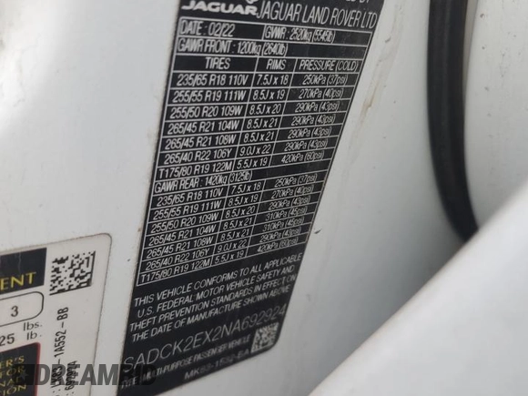 2022 Jaguar F-Pace with VIN SADCK2EX2NA692924, listed as a Copart auction lot 44647665 with 31,250 mi miles and Salvage title. Bid and sale history available at DreamBid. Image 12.
