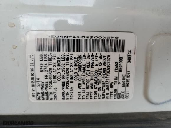 2014 Nissan Murano CrossCabriolet with VIN JN8AZ1FY3EW302579, listed as a Copart auction lot 45588985 with 108,426 mi miles and Salvage Title. Bid and sale history available at carsss.com. Image 13.