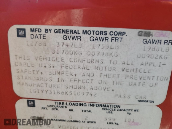 1989 Chevrolet Corvette z VIN 1G1YY3186K5109742, wystawiony jako Copart lot #45378375 z przebiegiem 104 385 mil mil oraz Szkoda całkowita • Salvage title. Historia ofert i sprzedaży dostępna na DreamBid. Obrazek 12.