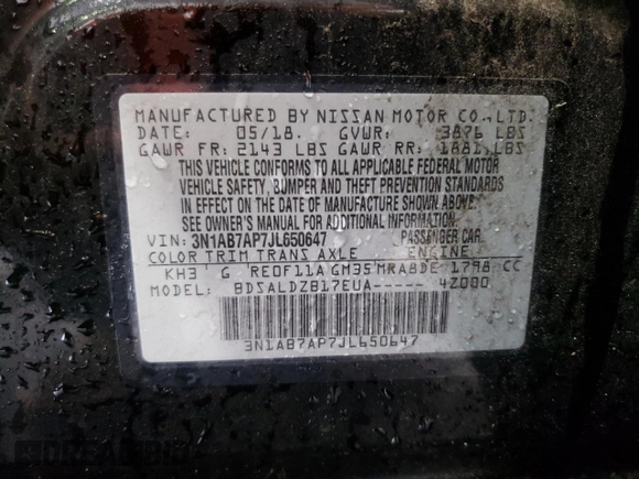 2018 Nissan Sentra SV with VIN 3N1AB7AP7JL650647, listed as a Copart auction lot 55791585 with 151,996 mi miles and Clean Title. Bid and sale history available at DreamBid. Image 13.
