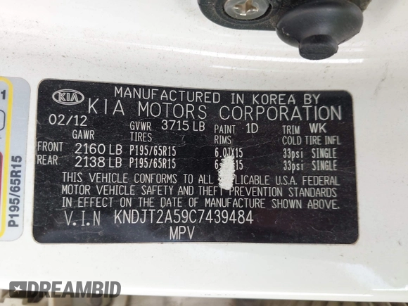 2012 Kia Soul with VIN KNDJT2A59C7439484, listed as a IAAI auction lot 42114087 with 142,933 mi miles. Bid and sale history available at carsss.com. Image 9.