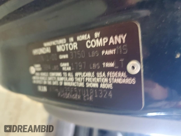 2000 Hyundai Elantra z VIN KMHJW35F5YU181324, wystawiony jako Copart lot #48016775 z przebiegiem 79 686 mil mil oraz Czysty tytuł • Clean title. Historia ofert i sprzedaży dostępna na DreamBid. Obrazek 13.