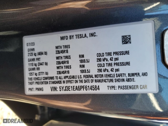 2023 Tesla Model 3 with VIN 5YJ3E1EA6PF614584, listed as a Copart auction lot 88169605 with 16,650 mi miles and Salvage Title. Bid and sale history available at carsss.com. Image 14.