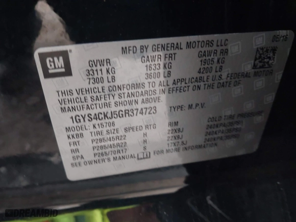 2016 Cadillac Escalade Premium Collection with VIN 1GYS4CKJ5GR374723, listed as a IAAI auction lot 41119613 with 123,499 mi miles. Bid and sale history available at carsss.com. Image 9.