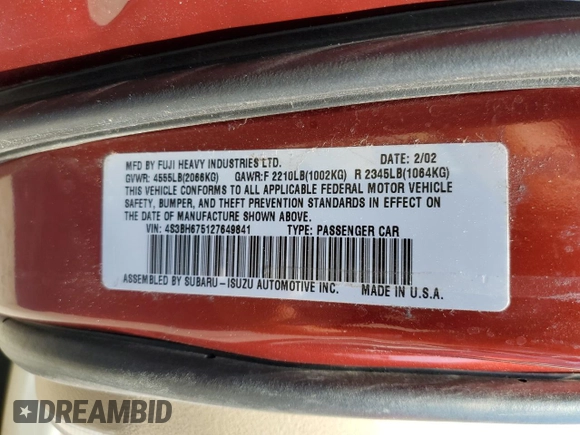 2002 Subaru Legacy Outback z VIN 4S3BH675127649841, wystawiony jako Copart lot #59639364 z przebiegiem 252 088 mil mil oraz Szkoda całkowita • Salvage title. Historia ofert i sprzedaży dostępna na DreamBid. Obrazek 12.