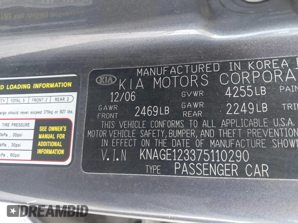 2007 Kia Optima LX z VIN KNAGE123375110290, wystawiony jako IAAI lot #42586225 z przebiegiem 49 928 mil mil oraz . Historia ofert i sprzedaży dostępna na DreamBid. Obrazek 9.