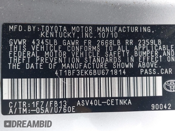 2011 Toyota Camry LE z VIN 4T1BF3EK6BU671814, wystawiony jako IAAI lot #42367753 z przebiegiem 182 728 mil mil oraz . Historia ofert i sprzedaży dostępna na DreamBid. Obrazek 9.