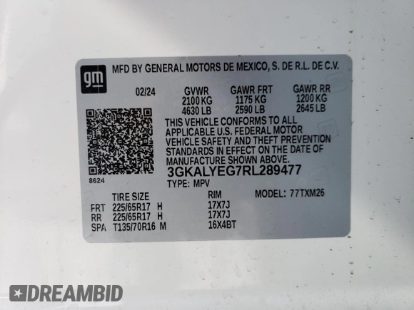 2024 GMC Terrain AT4 with VIN 3GKALYEG7RL289477, listed as a Copart auction lot 87857225 with 7,718 mi miles and Salvage Title. Bid and sale history available at DreamBid. Image 14.