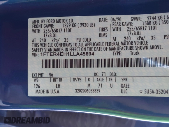 2020 Ford Ranger XL with VIN 1FTER4EH1LLA45694, listed as a IAAI auction lot 41266270 with 8,379 mi miles and . Bid and sale history available at DreamBid. Image 9.