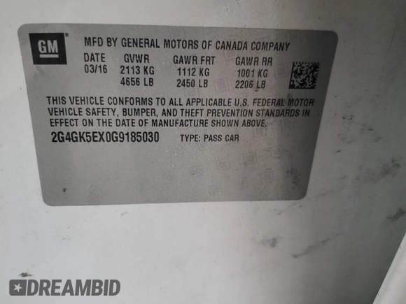 2016 Buick Regal with VIN 2G4GK5EX0G9185030, listed as a Copart auction lot 85083754 with 106,538 mi miles and Salvage Title. Bid and sale history available at DreamBid. Image 13.