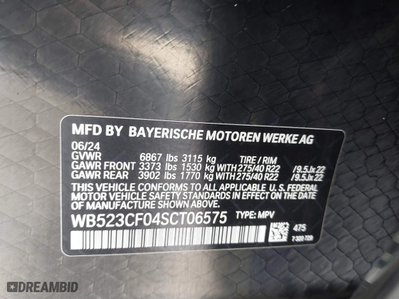 2025 BMW iX xDrive50 with VIN WB523CF04SCT06575, listed as a IAAI auction lot 41525744 with 732 mi miles. Bid and sale history available at carsss.com. Image 9.