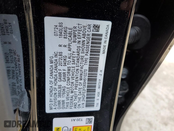 2025 Honda Civic Sport with VIN 2HGFE2F5XSH510270, listed as a Copart auction lot 47839085 with 8,279 mi miles and Salvage title. Bid and sale history available at DreamBid. Image 14.