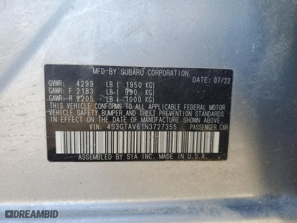 2022 Subaru Impreza Premium with VIN 4S3GTAV61N3727355, listed as a Copart auction lot 49989125 with 37,177 mi miles and Salvage Title. Bid and sale history available at carsss.com. Image 15.