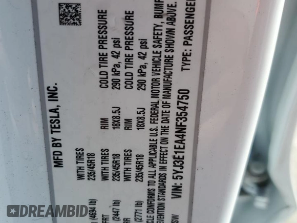 2022 Tesla Model 3 z VIN 5YJ3E1EA4NF354750, wystawiony jako Copart lot #44430085 z przebiegiem 29 507 mil mil oraz Szkoda całkowita • Salvage title. Historia ofert i sprzedaży dostępna na DreamBid. Obrazek 14.