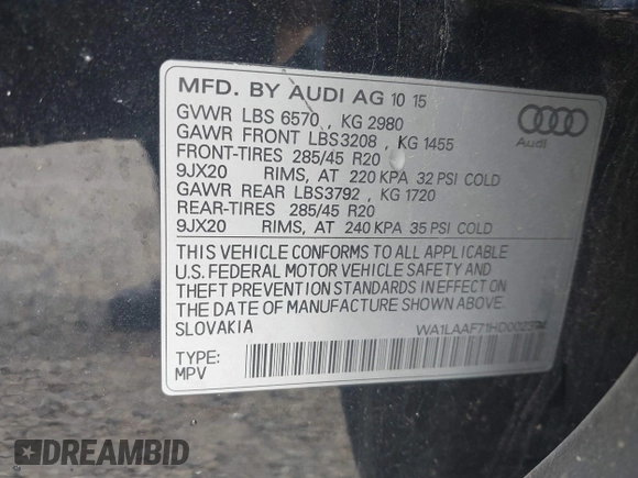 2017 Audi Q7 Premium Plus z VIN WA1LAAF71HD002374, wystawiony jako IAAI lot #42257820 z przebiegiem 111 527 mil mil oraz . Historia ofert i sprzedaży dostępna na DreamBid. Obrazek 9.