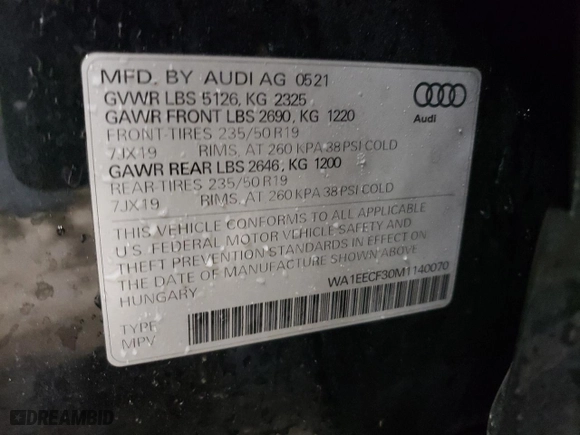 2021 Audi Q3 S line Premium Plus with VIN WA1EECF30M1140070, listed as a Copart auction lot 51533335 with 27,018 mi miles and Salvage Title. Bid and sale history available at carsss.com. Image 13.