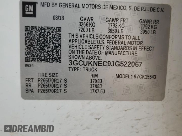2018 Chevrolet Silverado 1500 Work Truck with VIN 3GCUKNEC9JG522067, listed as a Copart auction lot 54862355 with 95,797 mi miles and Clean Title. Bid and sale history available at DreamBid. Image 12.