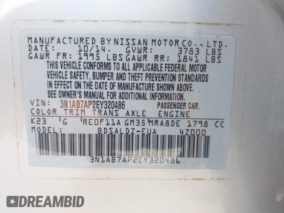2014 Nissan Sentra SV z VIN 3N1AB7AP2EY320486, wystawiony jako IAAI lot #42201055 z przebiegiem Nie podano mil oraz . Historia ofert i sprzedaży dostępna na DreamBid. Obrazek 9.
