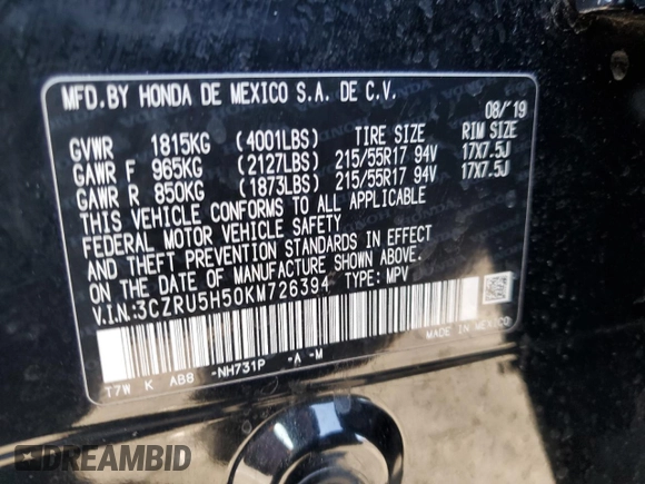 2019 Honda HR-V EX with VIN 3CZRU5H50KM726394, listed as a Copart auction lot 41529295 with 99,281 mi miles and Salvage Title. Bid and sale history available at DreamBid. Image 14.