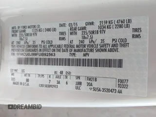 2015 Ford Escape Titanium with VIN 1FMCU0J99FUB92563, listed as a IAAI auction lot 42649556 with 183,199 mi miles and . Bid and sale history available at DreamBid. Image 9.