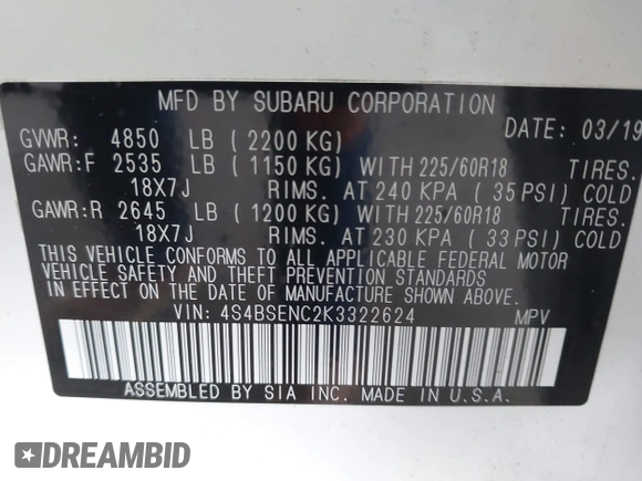 2019 Subaru Outback Limited with VIN 4S4BSENC2K3322624, listed as a IAAI auction lot 42434702 with 80,134 mi miles and . Bid and sale history available at DreamBid. Image 9.