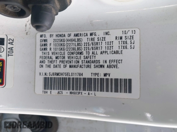 2014 Honda CR-V EX-L with VIN 5J6RM3H75EL011784, listed as a IAAI auction lot 41858861 with 236,805 mi miles and . Bid and sale history available at carsss.com. Image 9.