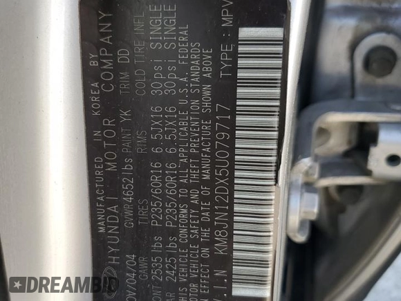 2005 Hyundai Tucson GLS with VIN KM8JN12DX5U079717, listed as a Copart auction lot 49110634 with 178,731 mi miles and Salvage Title. Bid and sale history available at carsss.com. Image 15.
