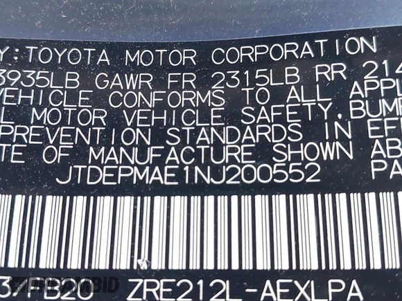 2022 Toyota Corolla LE with VIN JTDEPMAE1NJ200552, listed as a IAAI auction lot 40465421 with 62,929 mi miles. Bid and sale history available at carsss.com. Image 9.