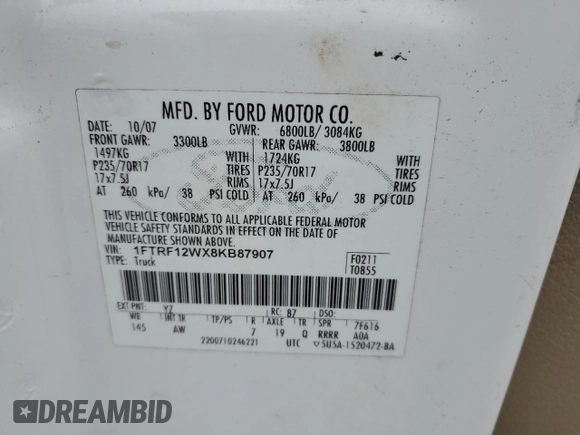 2008 Ford F-150 XL with VIN 1FTRF12WX8KB87907, listed as a Copart auction lot 46143165 with 210,446 mi miles and Salvage Title. Bid and sale history available at carsss.com. Image 13.