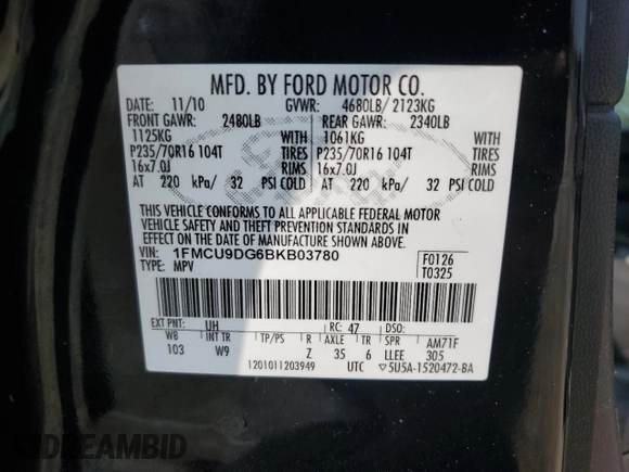 2011 Ford Escape XLT with VIN 1FMCU9DG6BKB03780, listed as a Copart auction lot 60322715 with 97,581 mi miles and Salvage title. Bid and sale history available at DreamBid. Image 13.